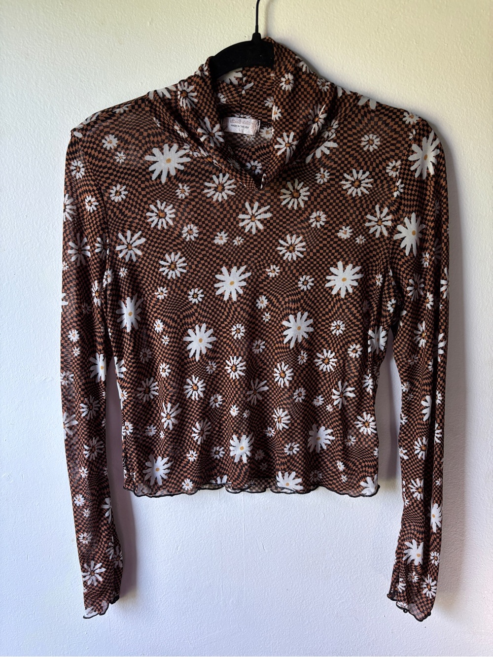 Altar'd State Orange Floral Mock Neck Long Sleeve Sheer Top with White Daisies
